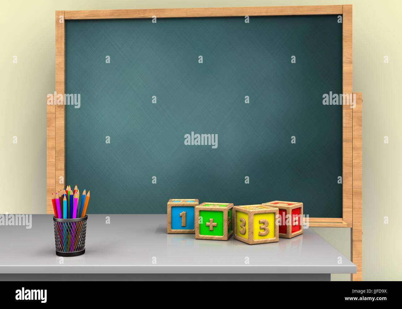 3d illustration of board with math cubes and Stock Photo