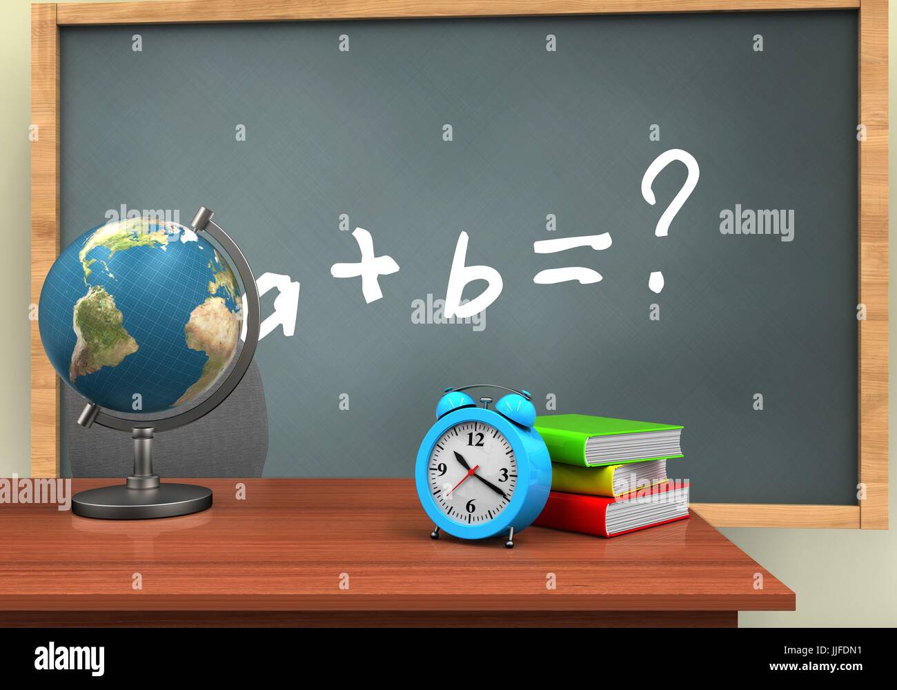 3d illustration of chalkboard with math exercise text and alarm clock