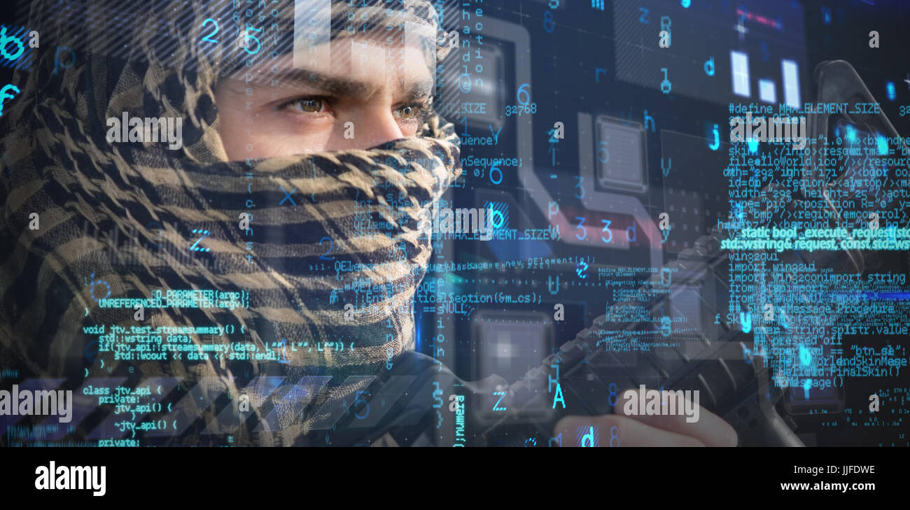 Close up of soldier with rifle looking away against virus background ...