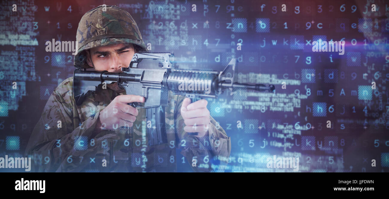 Soldier aiming with rifle against black angular design Stock Photo - Alamy