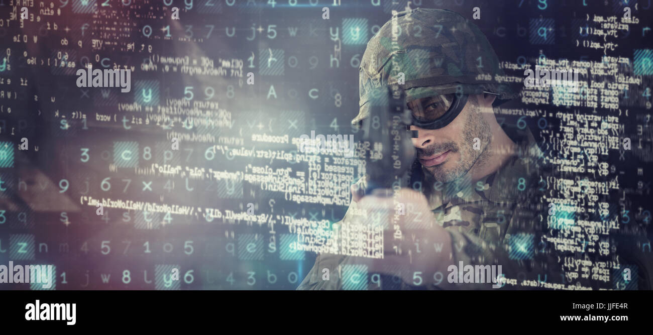 Portrait of soldier aiming with rifle against black angular design ...