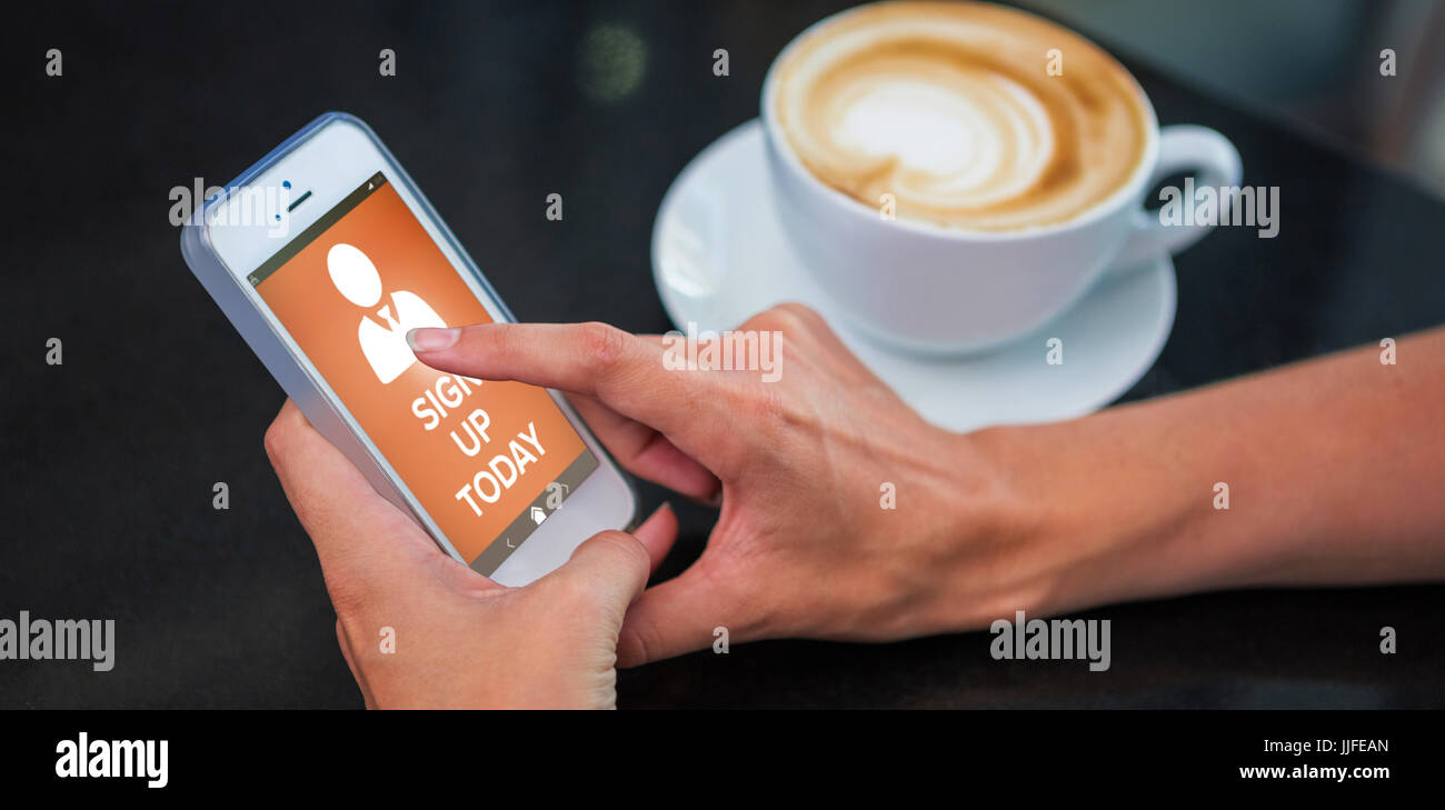 Vector image of Sign Up Now text with human icon against woman having ...