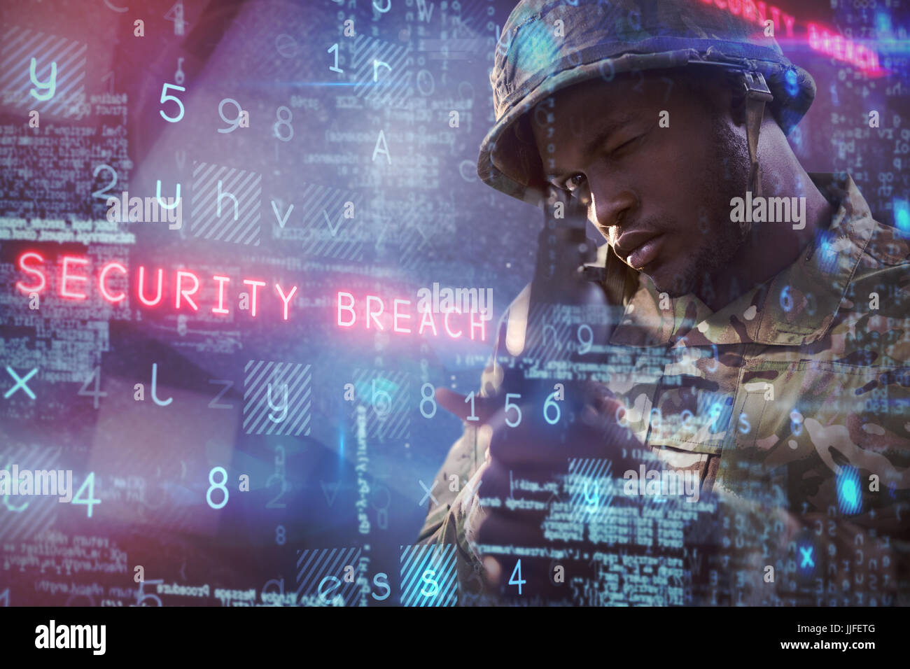 Close up of soldier aiming with rifle against abstract black room Stock ...