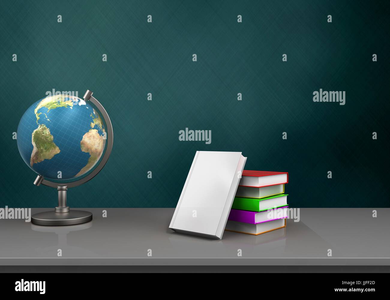 3d illustration of schoolboard with books stackt and globe Stock Photo ...