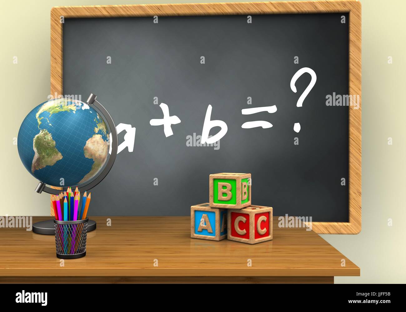 3d illustration of grey chalkboard with math exercise text and abc ...