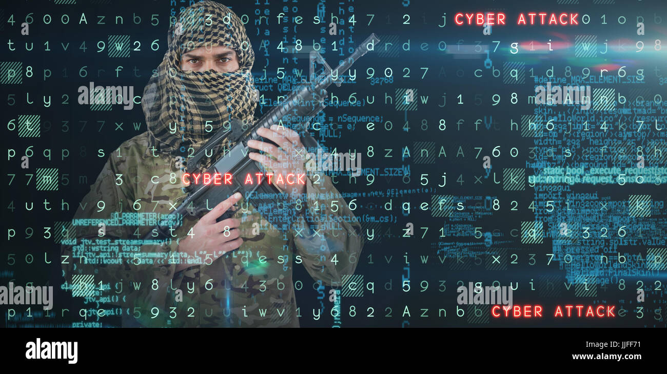 Portrait of face covered soldier holding rifle against virus background ...