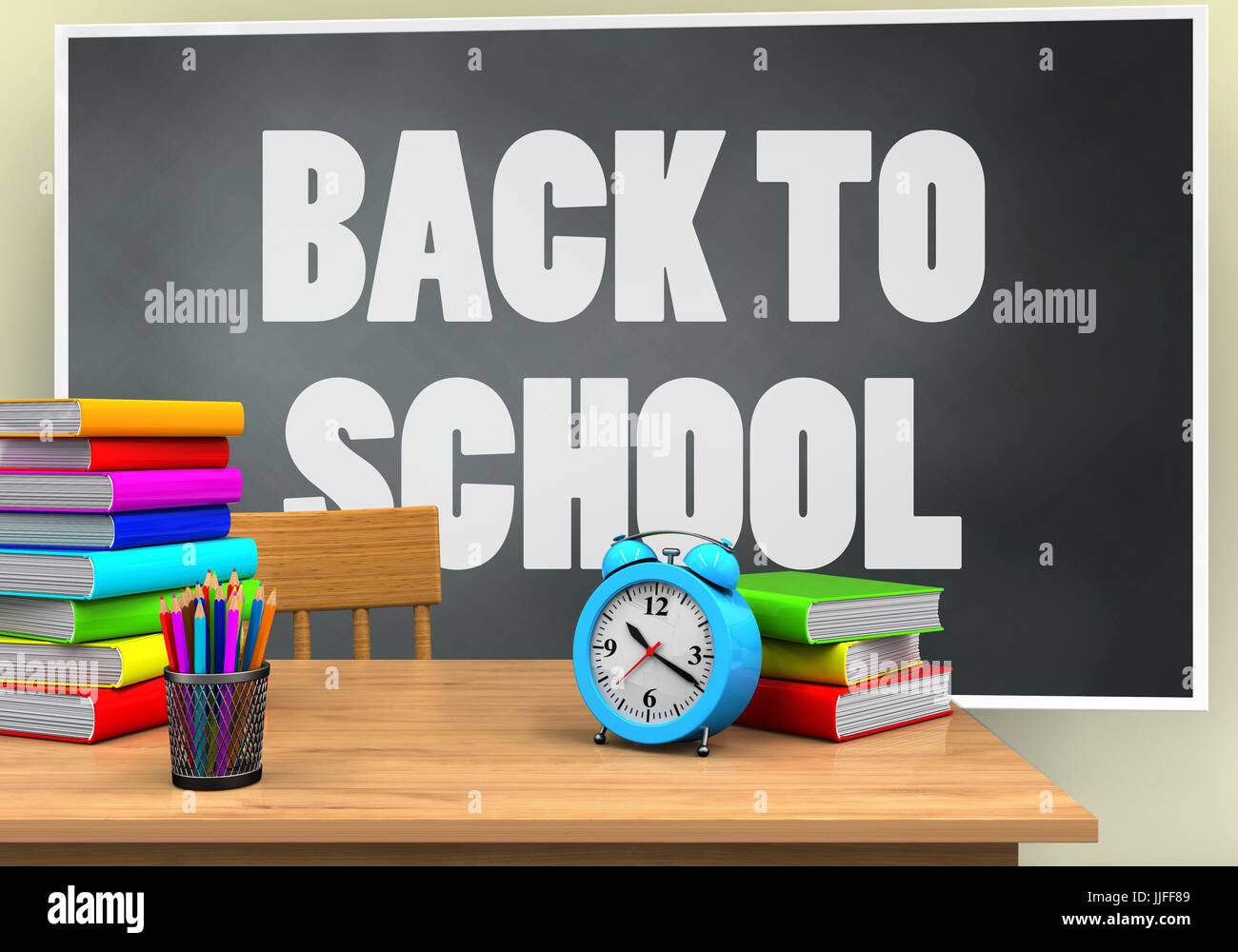 3d illustration of blackboard with back to school text and alarm clock ...