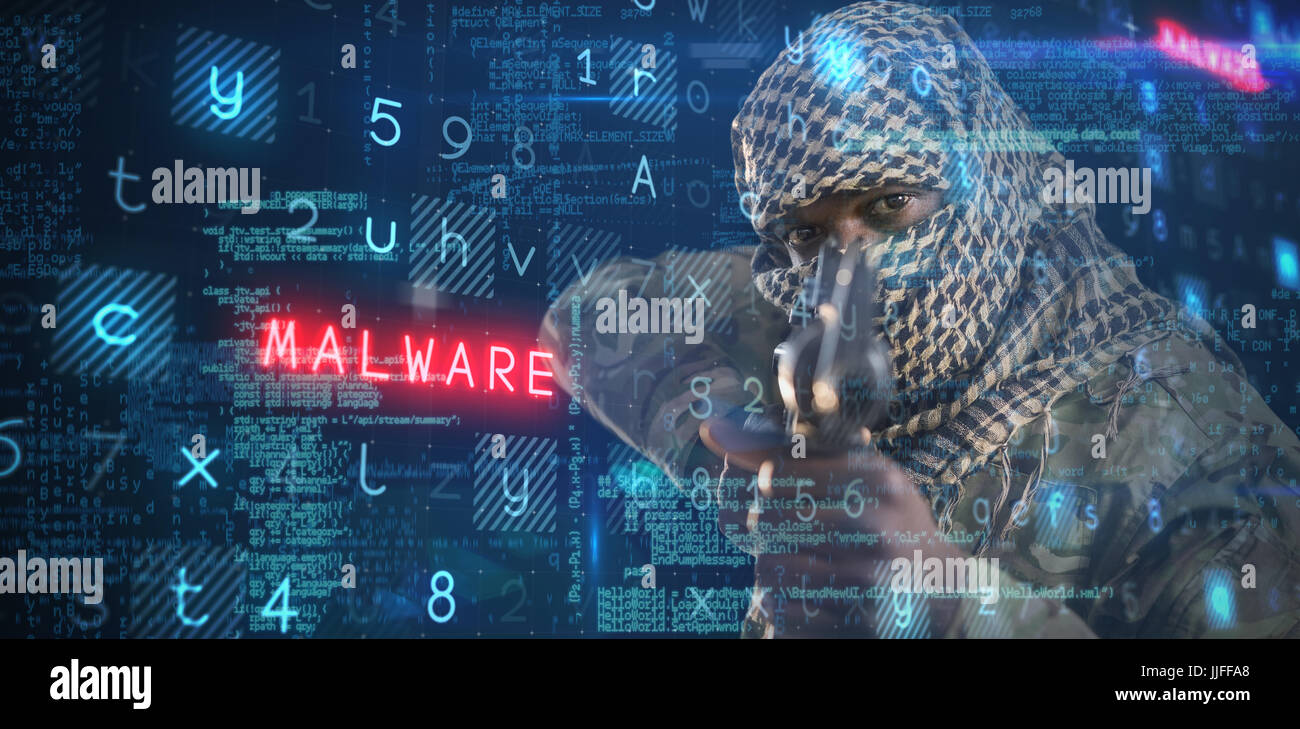 Portrait of face covered soldier aiming with rifle against virus ...