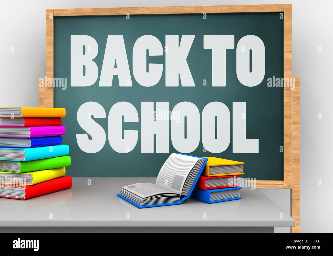 3d illustration of board with back to school text and books Stock Photo ...