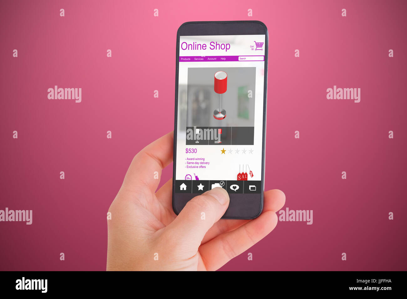 Female hand holding a smartphone against red and white background Stock ...