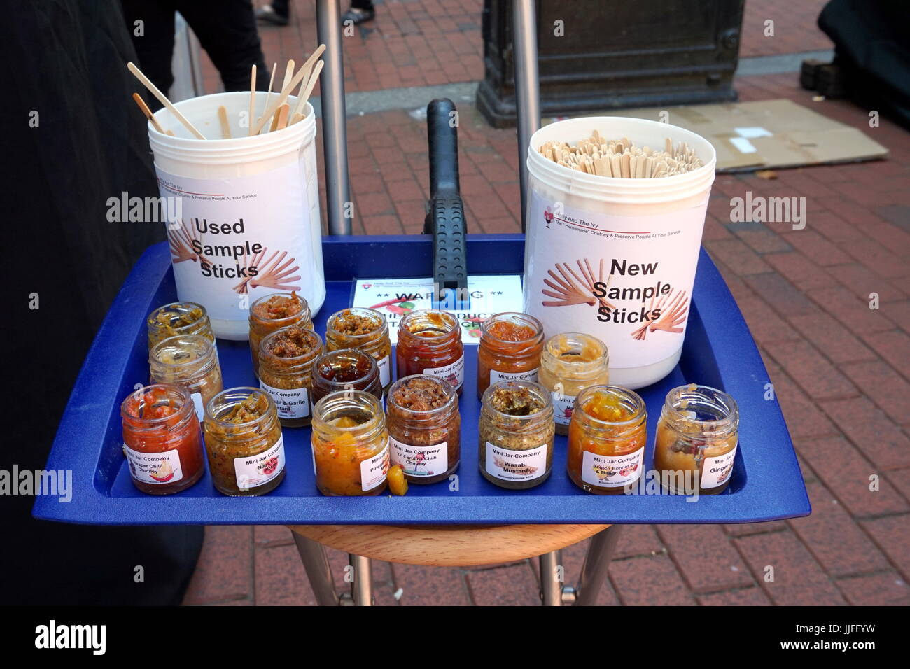 Reading, UK - June 17th 2017: Samples or tasters of chilli sauces and pickles at a chilli festival Stock Photo