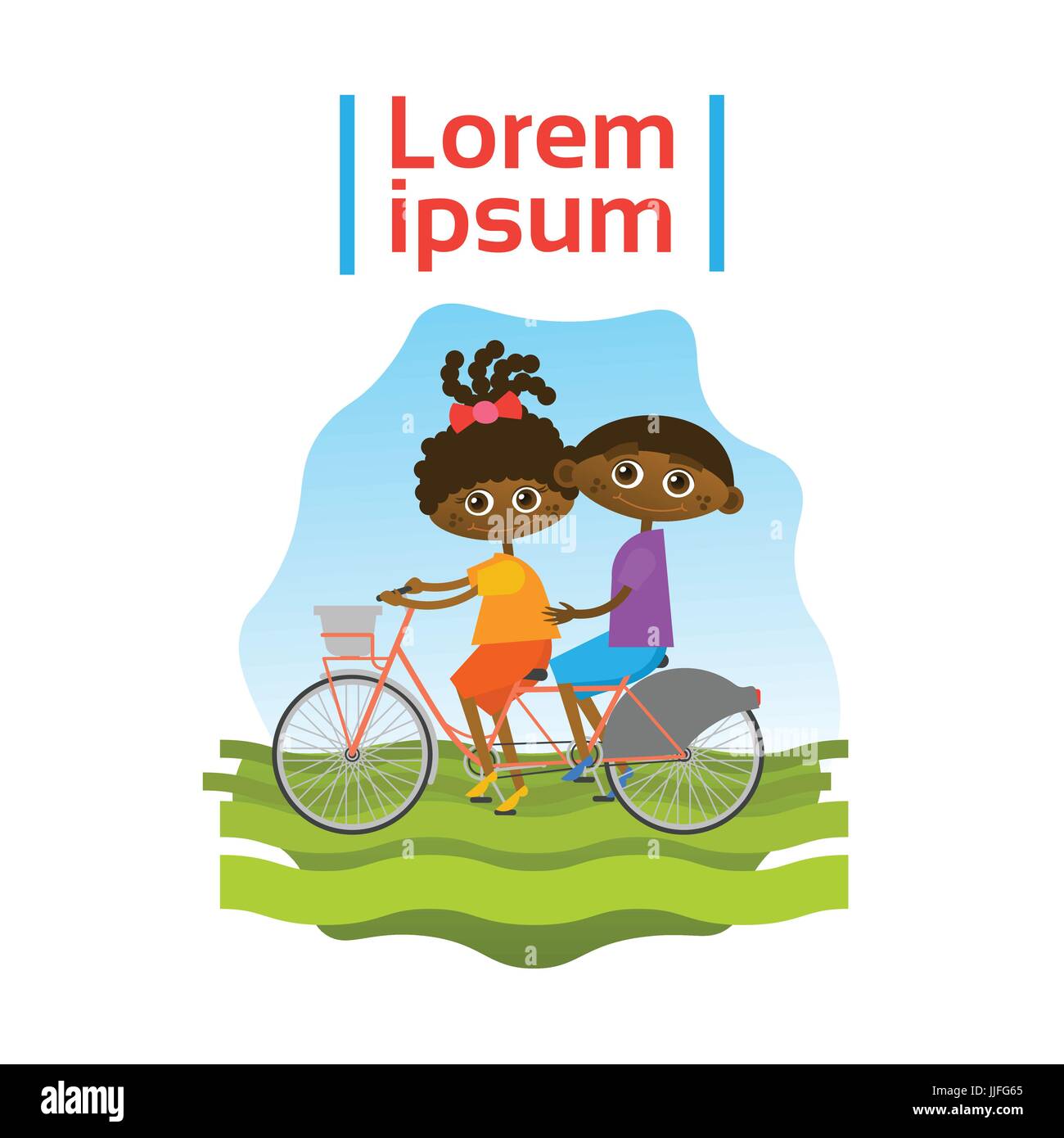 Little Kids Riding Tandem Bicycle African American Children Sport Hobby Stock Vector