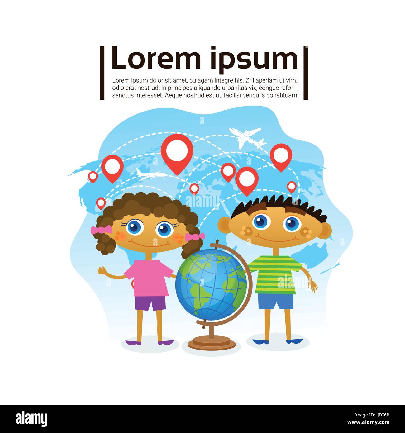Small Kids Holding Globe Over World Map, Children Learning Geography