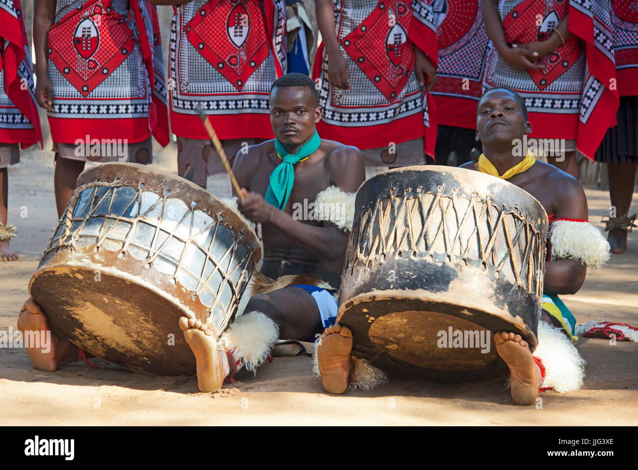 Close drummers Mantenga Cultural Village Swaziland Southern Africa Stock Photo