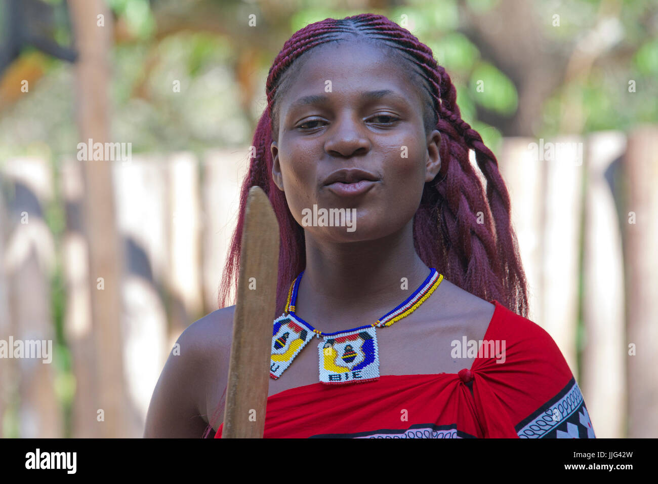 Portrait pretty girl tribal singing Mantenga Cultural Village Swaziland Southern Africa Stock Photo