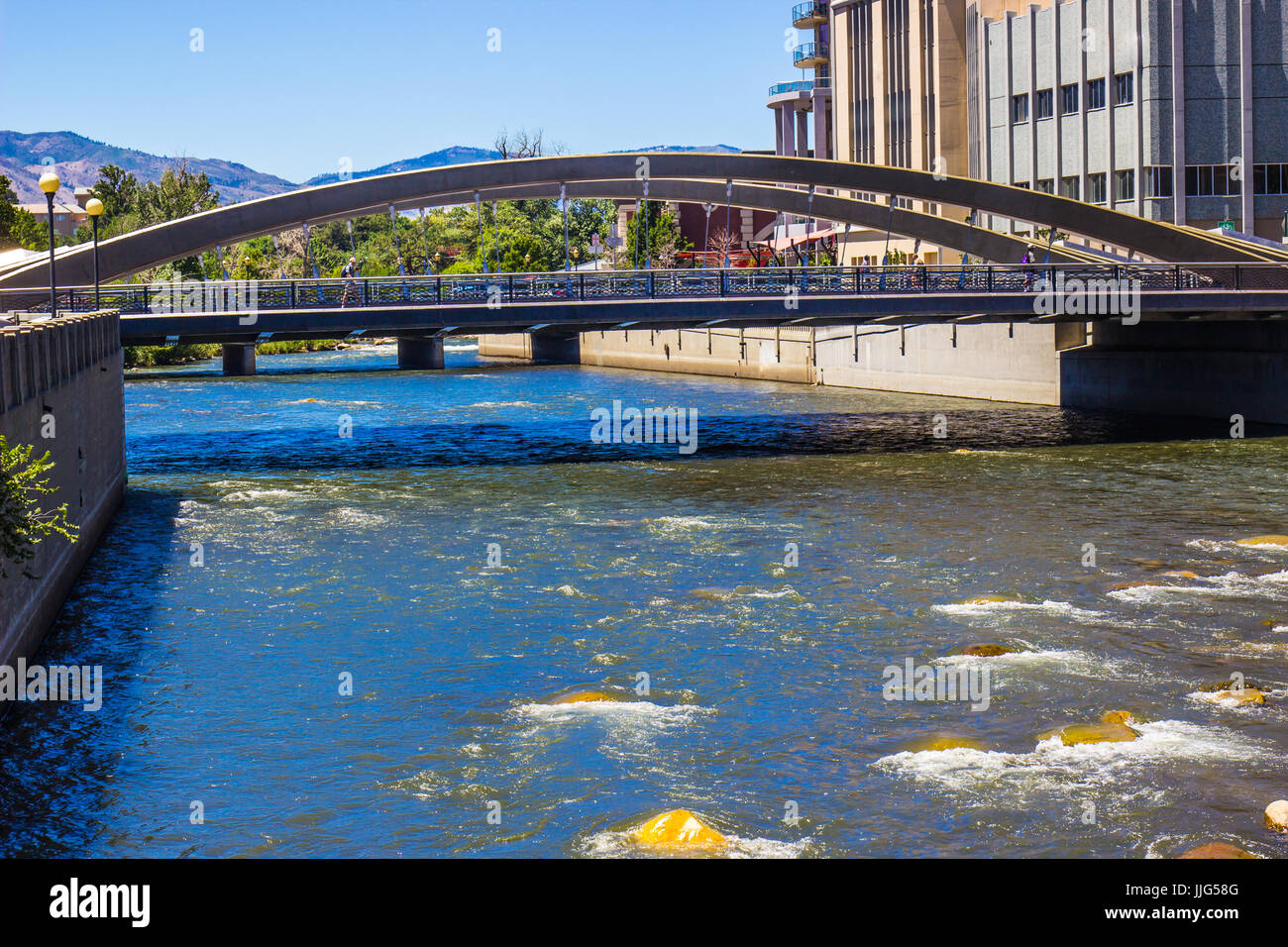Pedestrian & Traffic Bridge Over Truckee River In Reno, Nevada Stock