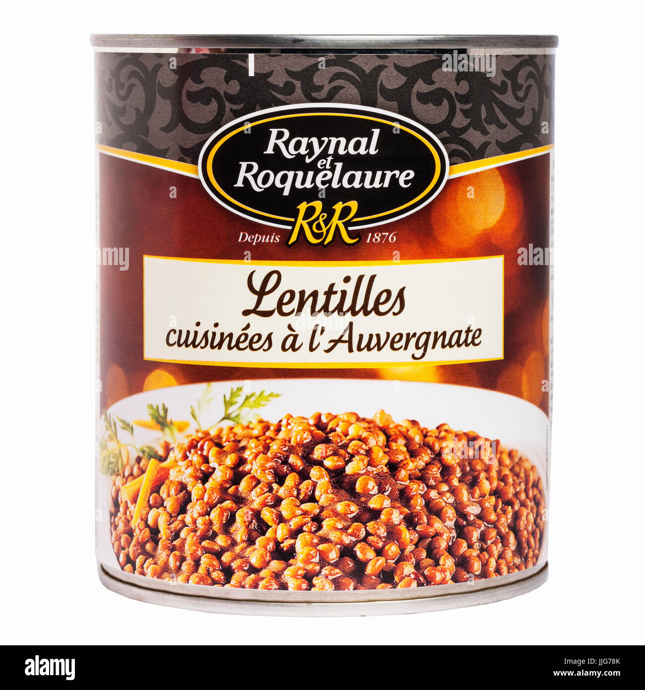 A tin of Lentils on a white background Stock Photo