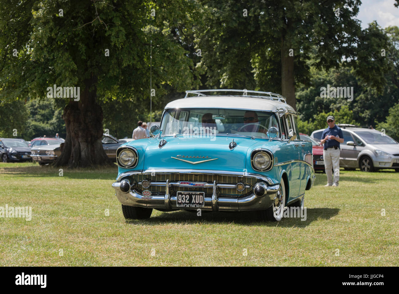 1957 Chevrolet Bel Air station wagon  at Rally of the Giants american car show, Blenheim palace, Oxfordshire, England. Classic vintage American car Stock Photo