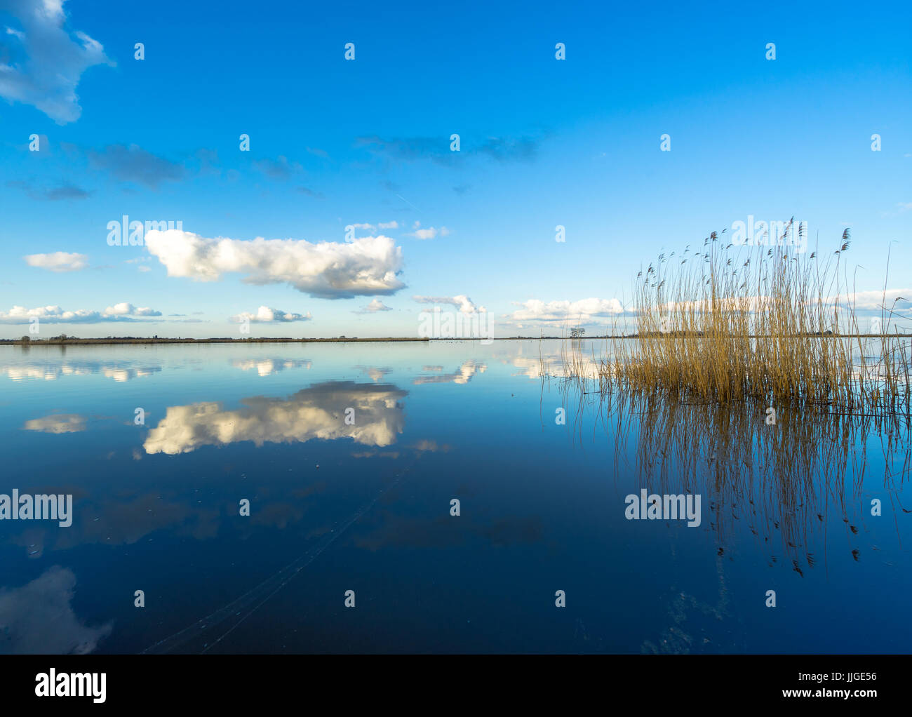 A calm peaceful scene of clouds mirrored in small lake De Leijen, near Sondel, the Netherlands Stock Photo