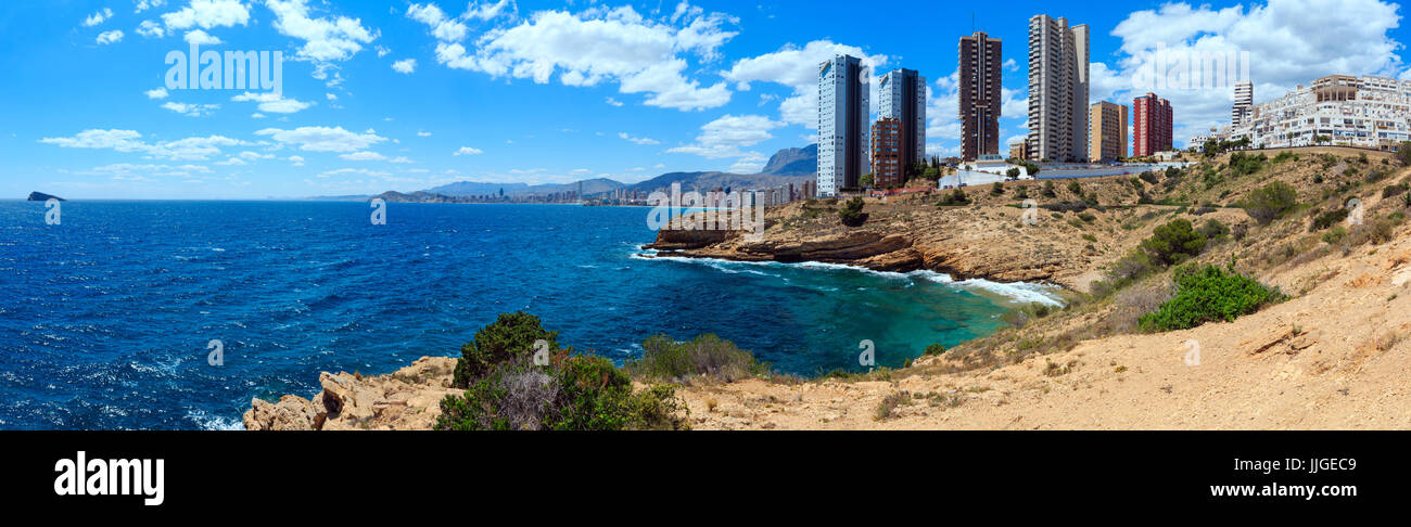 Skyscrapers on rocky coast. Benidorm city coastline summer view (Costa Blanca, Alicante, Spain). Stock Photo