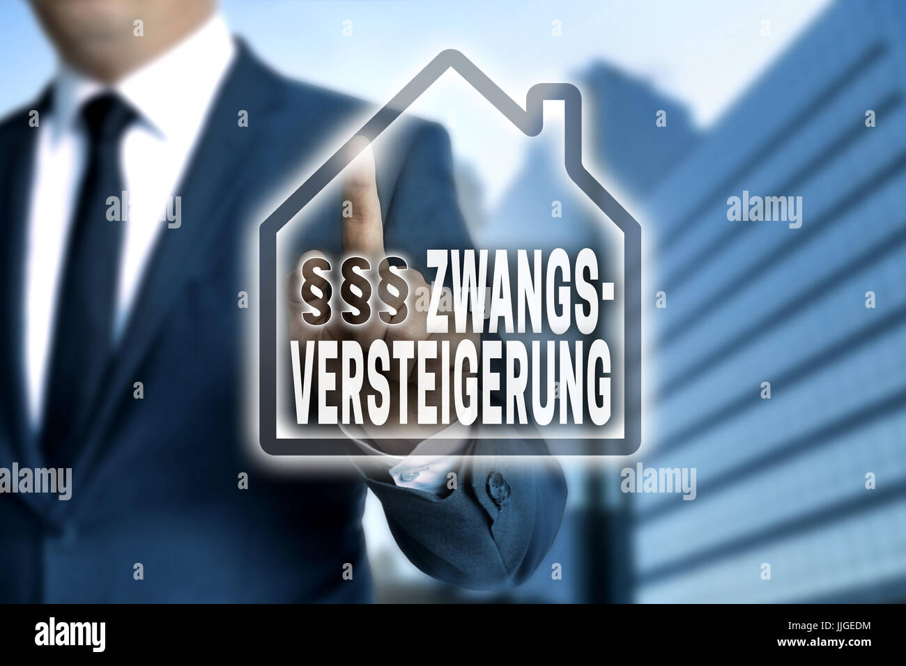 Zwangsversteigerung (in german foreclosure) touchscreen is operated by businessman. Stock Photo