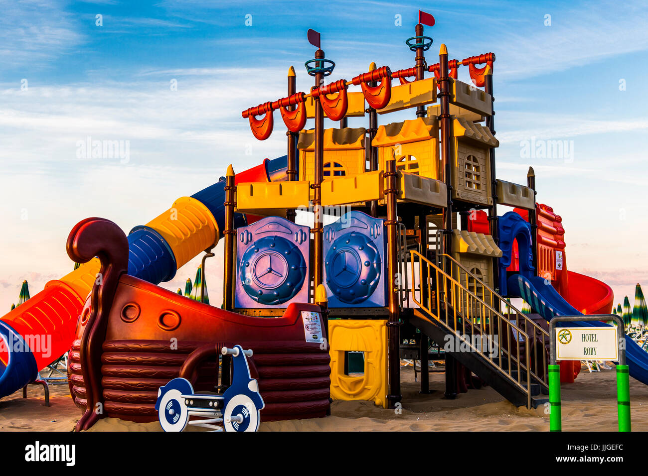 Big playground (ship) for children on the beach. Jesolo, Italy. Stock Photo