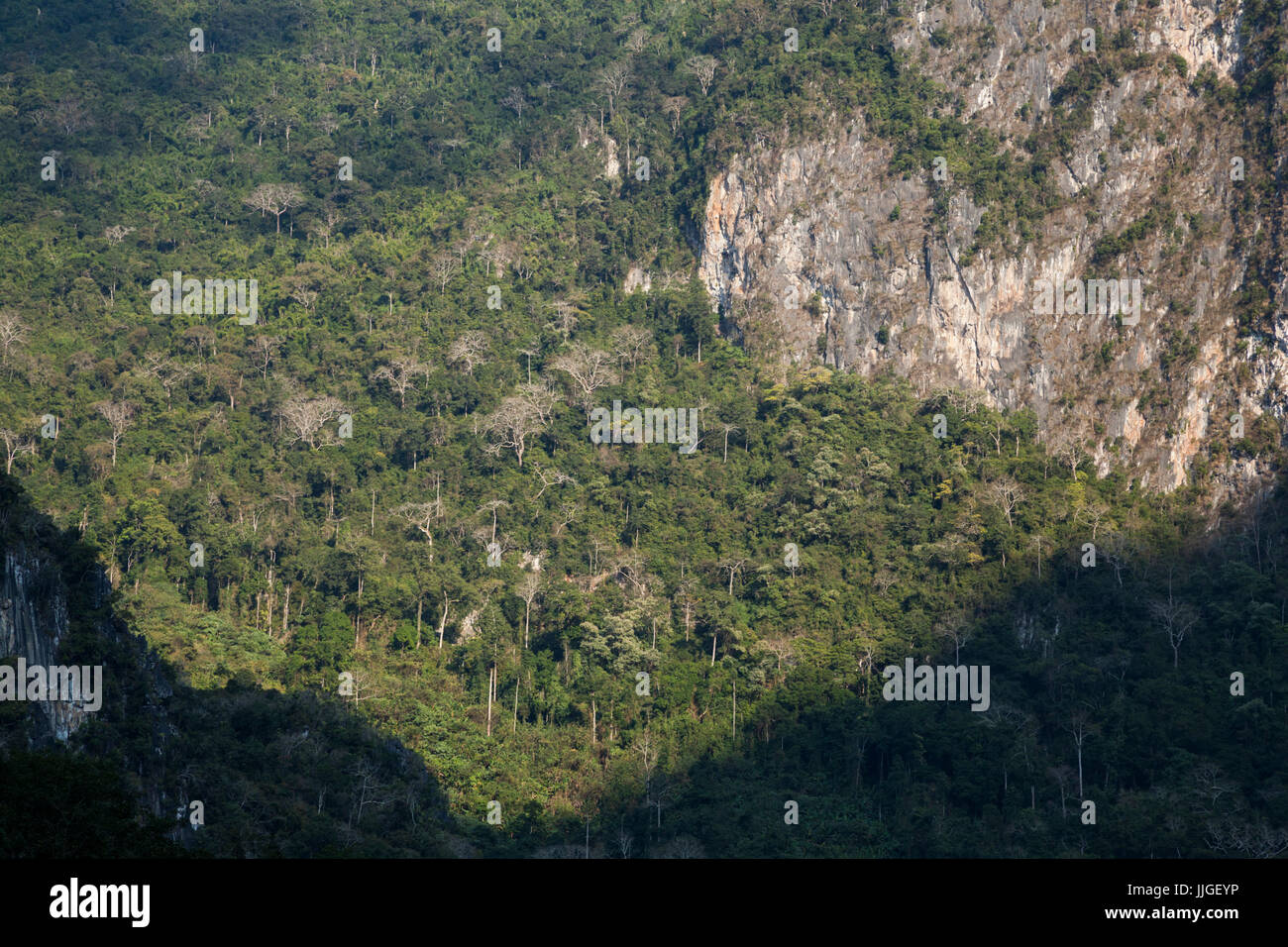 Steep limestone cliffs and forested slopes above the Nam Ou River near Muang Ngoi, Laos. Stock Photo