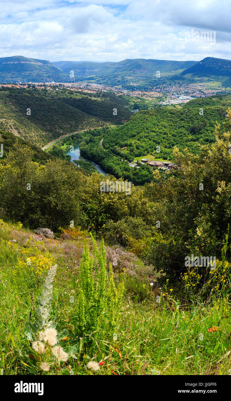 Summer top view on valley River Tarn and Millau town, France. Two shots stitch image. Stock Photo