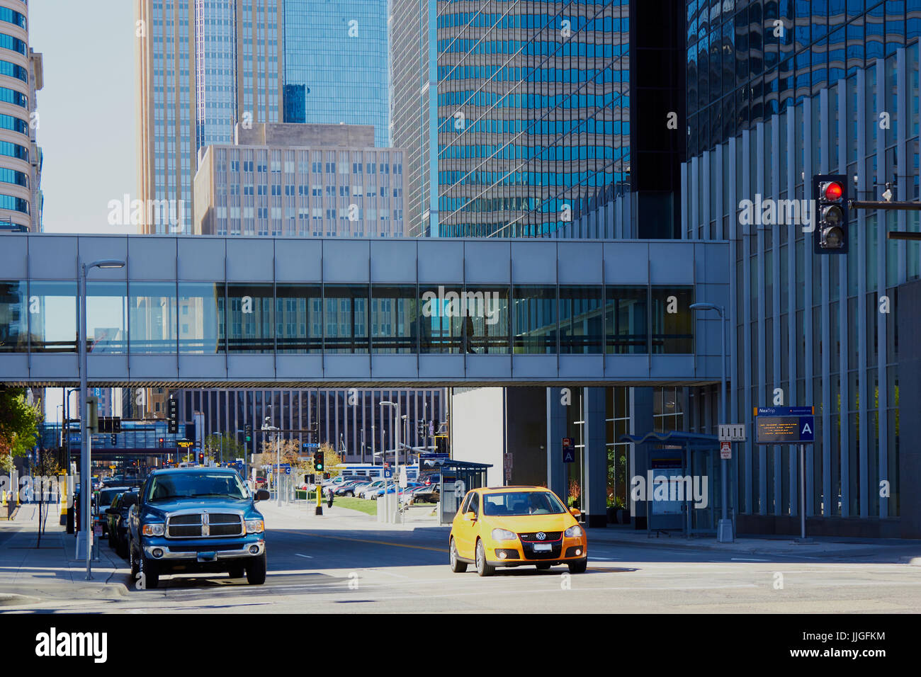 Minneapolis, USA - April 11, 2012: Minneapolis skyway pedestrian footbridge Stock Photo