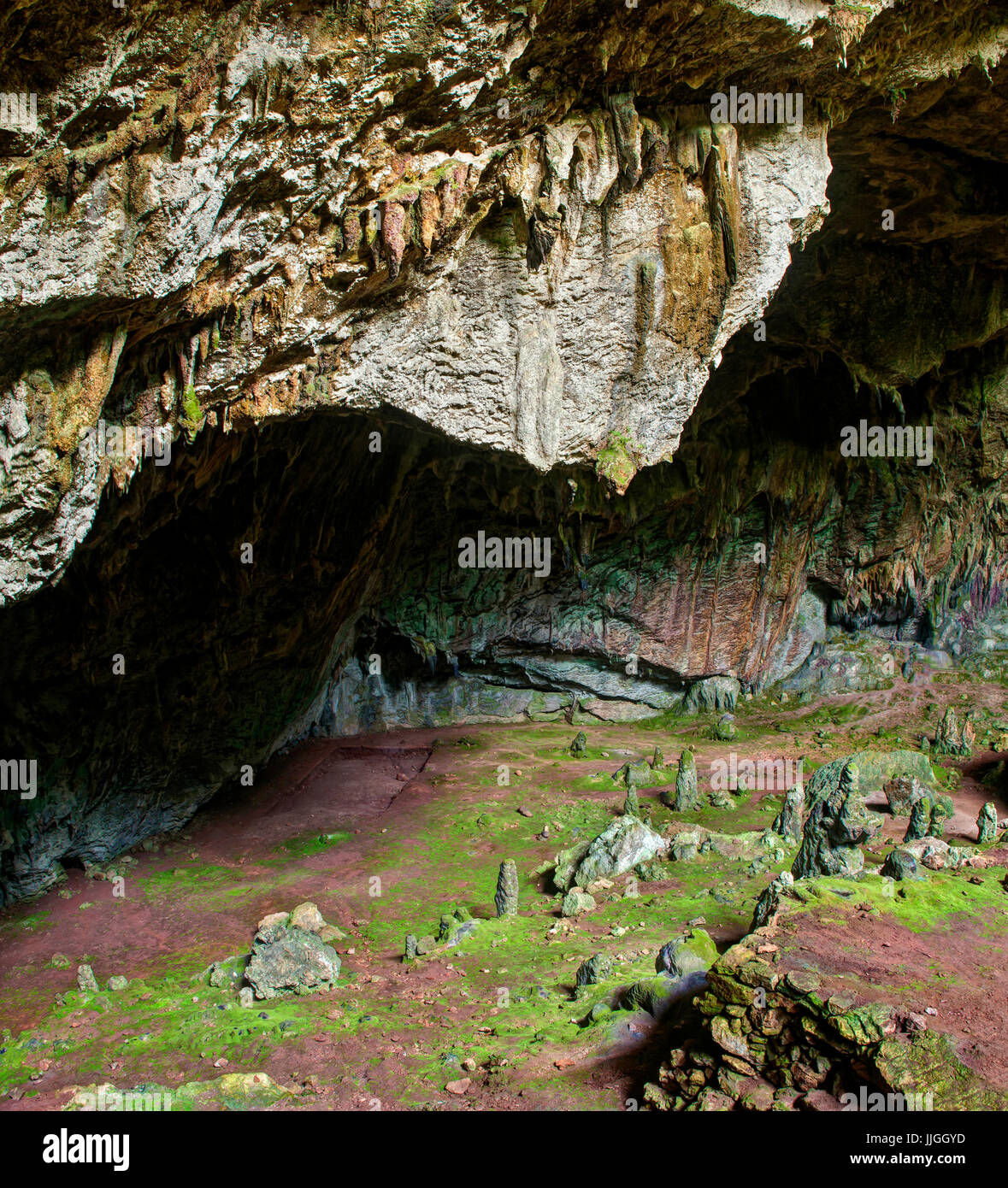 moss covered rocks, stalactites and stalagmites in Nimara cave, Marmaris, Turkey Stock Photo