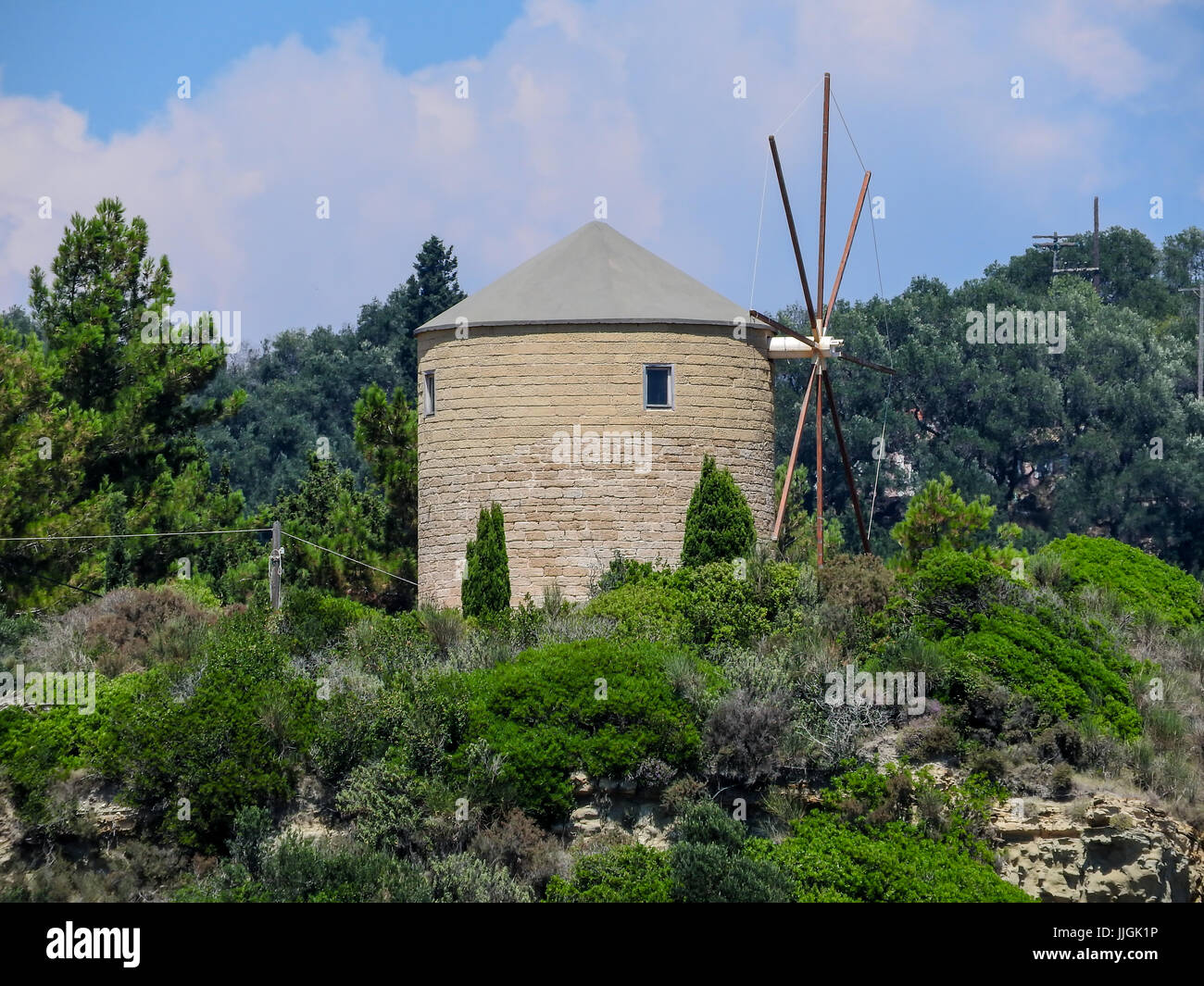 Greek windmill ( Anemomylos) Erikousa Greece Stock Photo