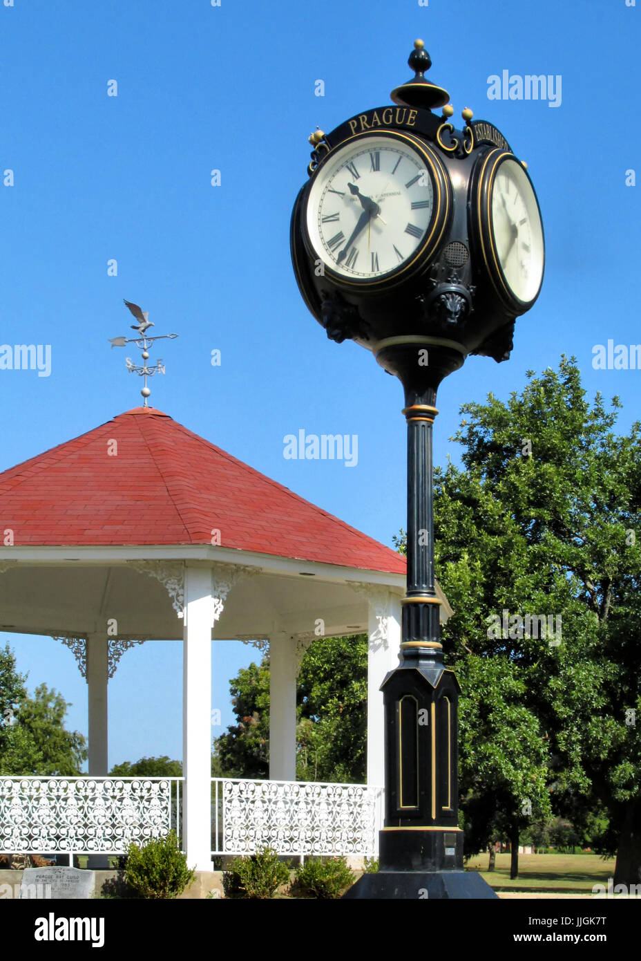 Prague Oklahoma park with centennial clock and gazebo. Stock Photo