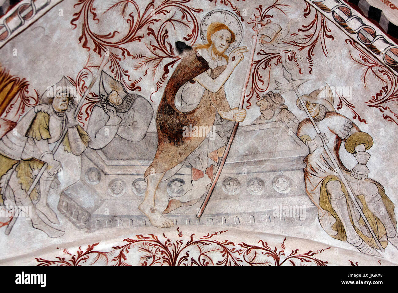 Danish nedieval religious fresco in Undloese Church depicting the resurrection of Jesus by the Isefjord Master from aoeund year 1450 A.D. Around the c Stock Photo