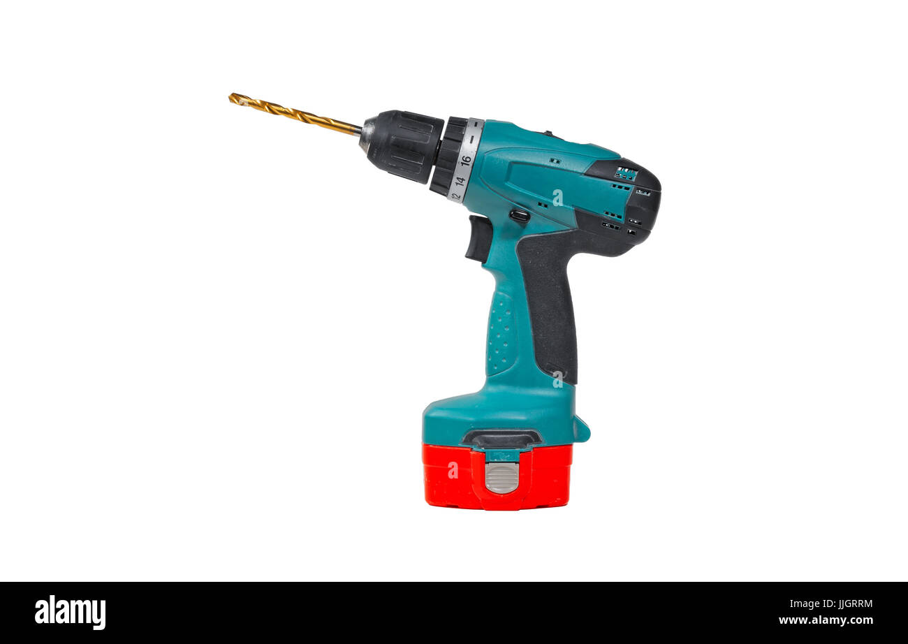 Cordless drill and a drill isolated on a white background Stock Photo