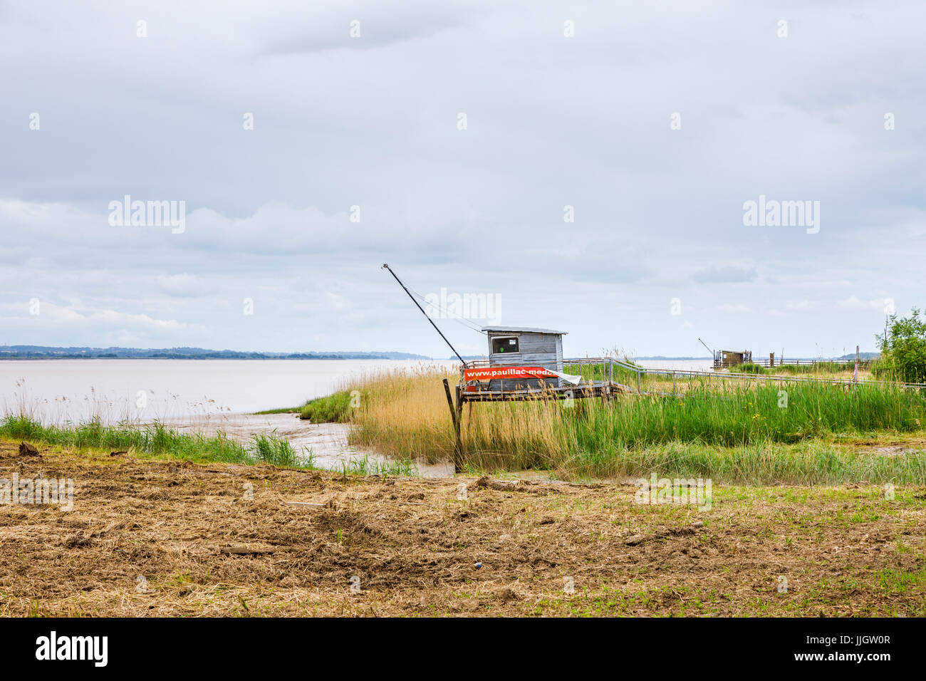 Carrelet, Gironde estuary-side fishing hut on stilts, Pauillac, a municipality in the Gironde department in Nouvelle-Aquitaine in south-western France Stock Photo