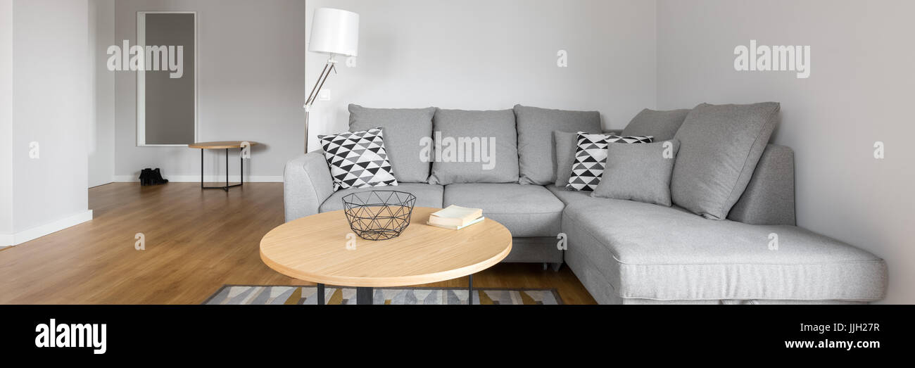Modern Living Room With Grey Sofa With Decorative Pillows And