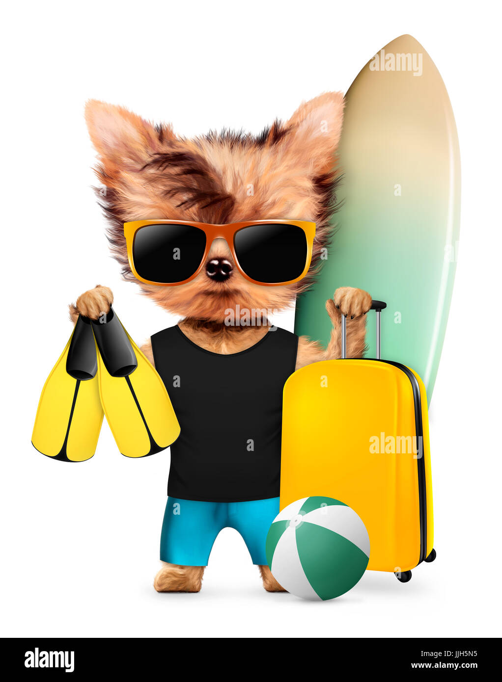 Funny animal holding holiday equipment and stuff. Concept summer holidays,  travel vacation concept. Realistic 3D illustration Stock Photo - Alamy