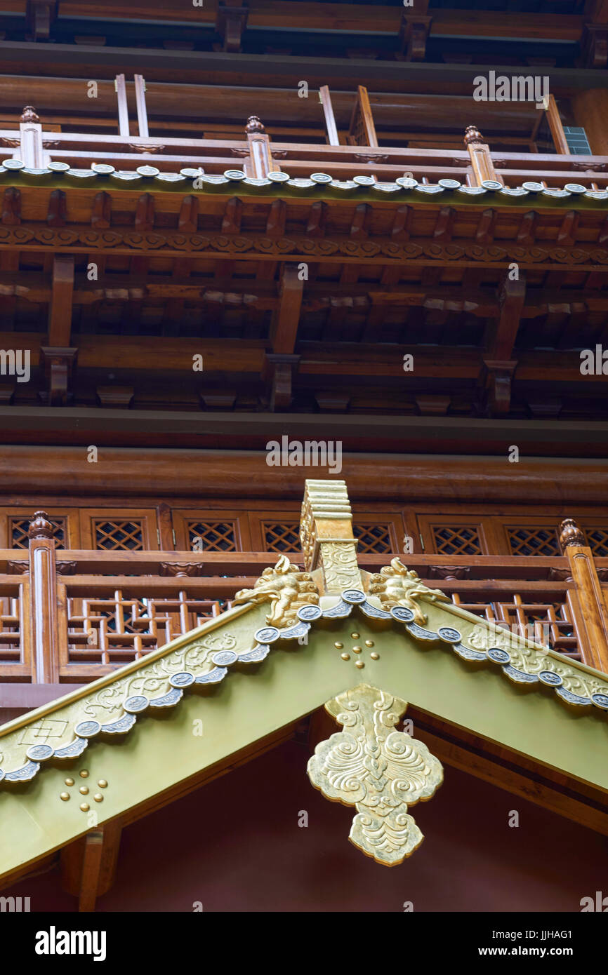 Closeup of Dafo Temple (also Big Buddha Temple) with facade, roof tiles and balconies, one of Guangzhou's most popular temples - Guangzhou, China Stock Photo
