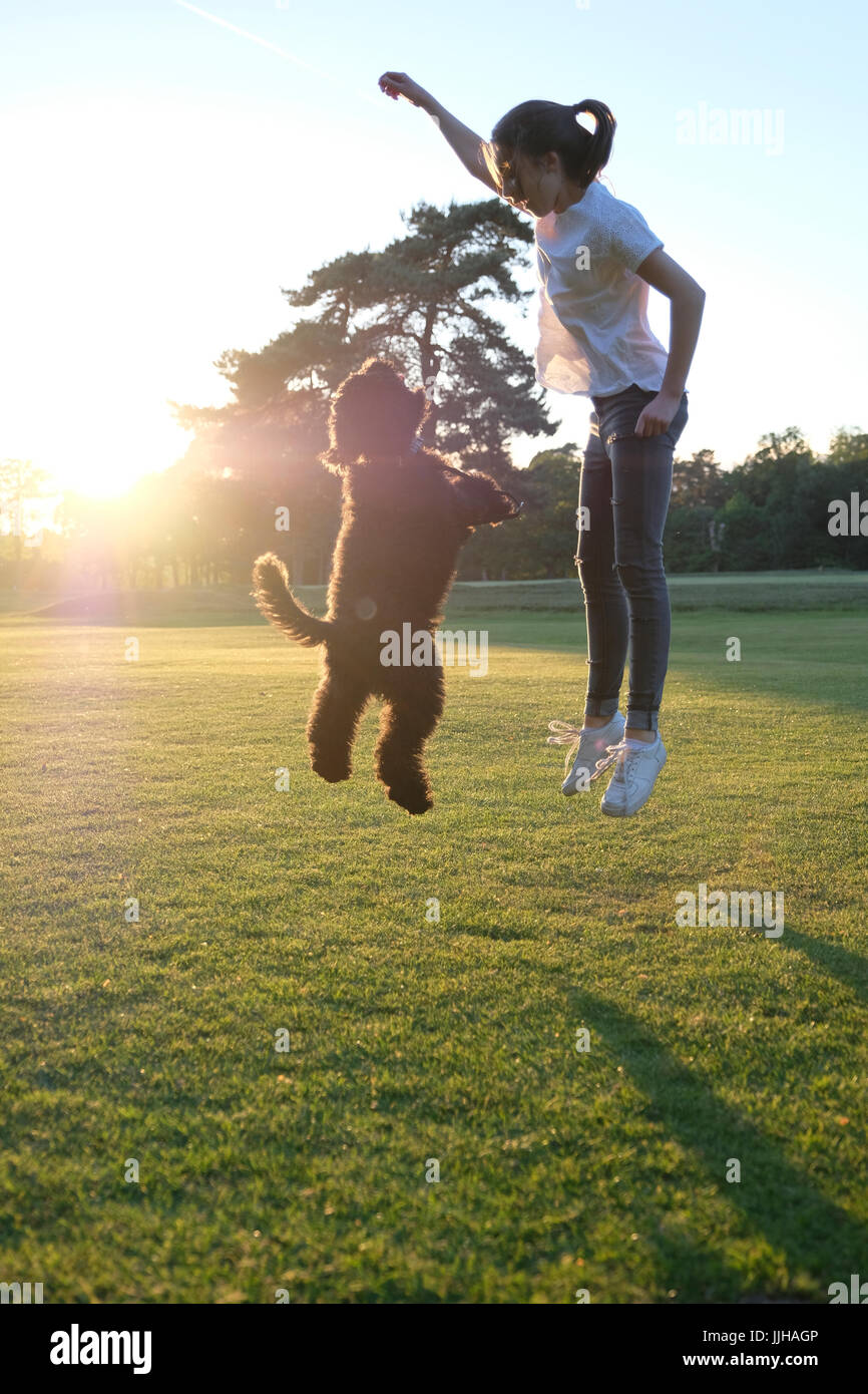 A teenage girl jumping in tandem with her dog on a sunlit day. Stock Photo