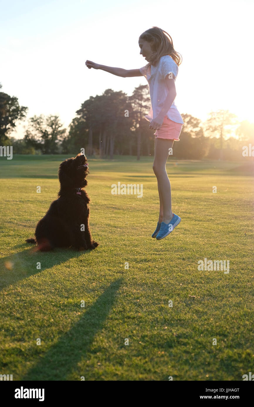 A young girl jumping in tandem with her dog on a sunlit day. Stock Photo