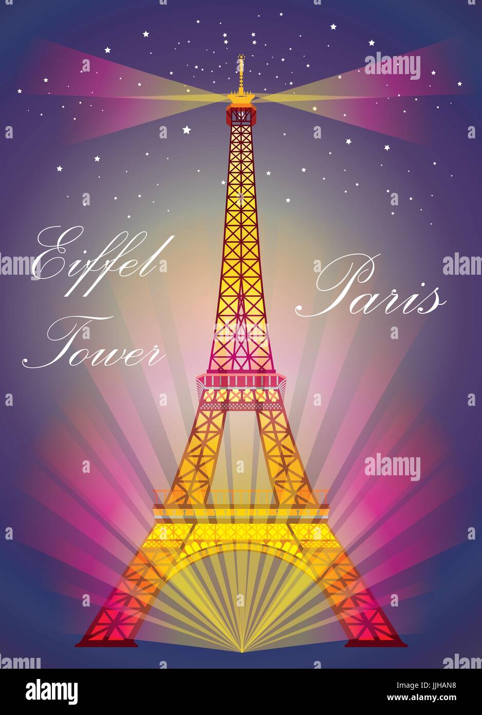 Vector Illustration: Colorful  Eiffel tower in night with spotlights and srars on blue and purple background Stock Vector