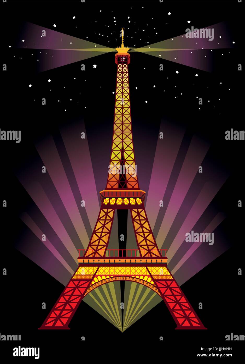 Vector Illustration: Colorful  Eiffel tower in night with spotlights and srars on black background Stock Vector