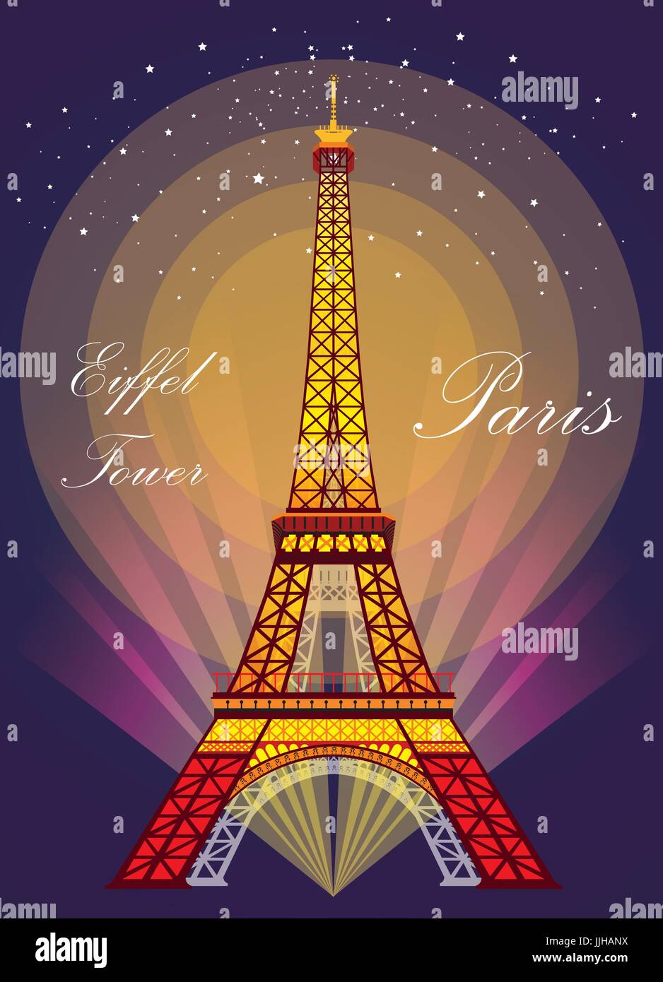 Vector Illustration: Colorful  Eiffel tower in night with spotlights and srars on dark purple background Stock Vector