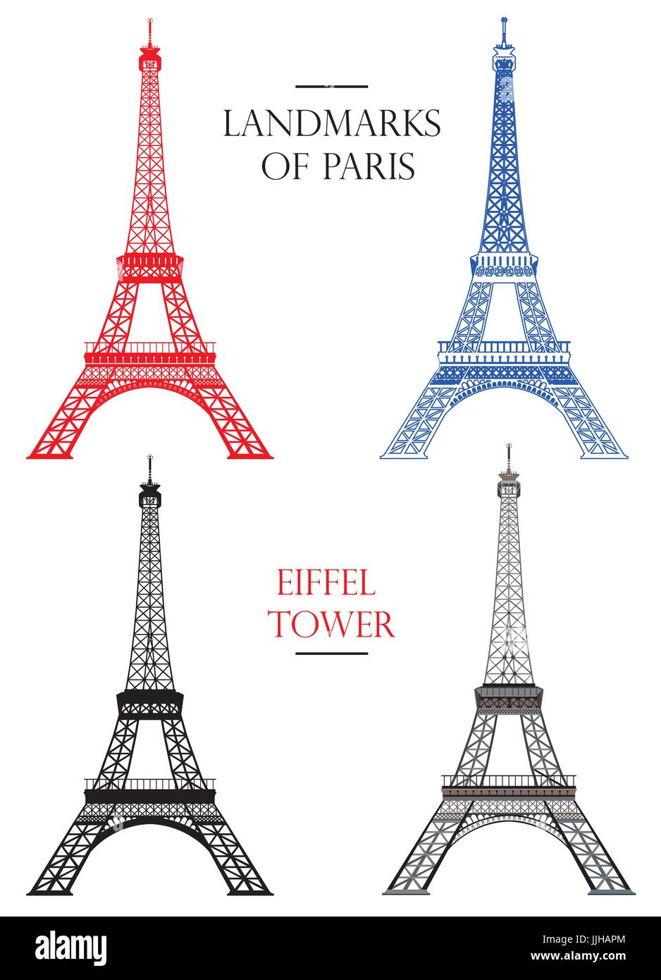 Set of vector isolated  Eiffel tower in black, white and colors: contour and silhouette on white background Stock Vector