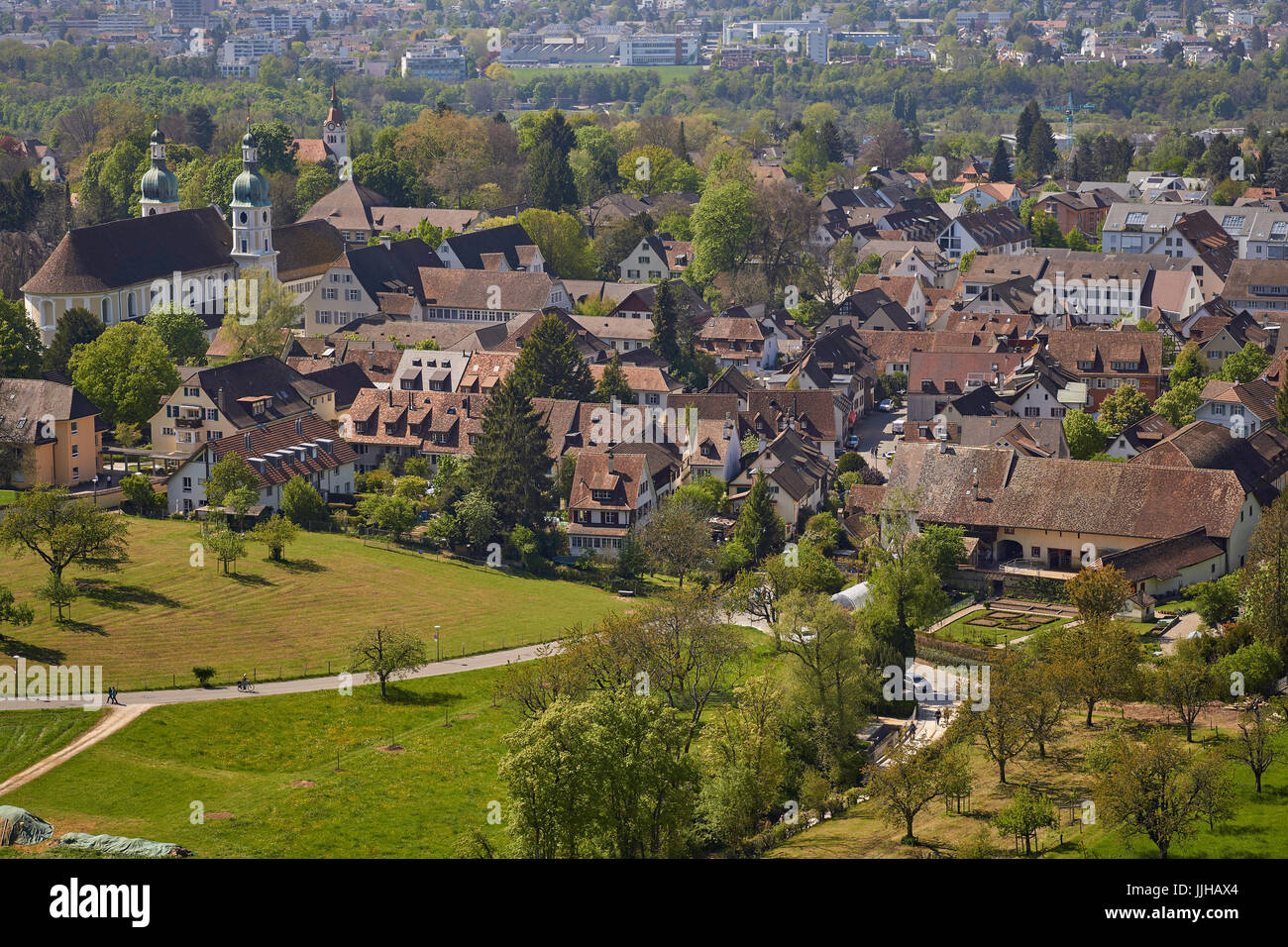 Arlesheim village from above, with the Dom church and green countryside - near Basel, Baselland Kanton, Switzerland Stock Photo