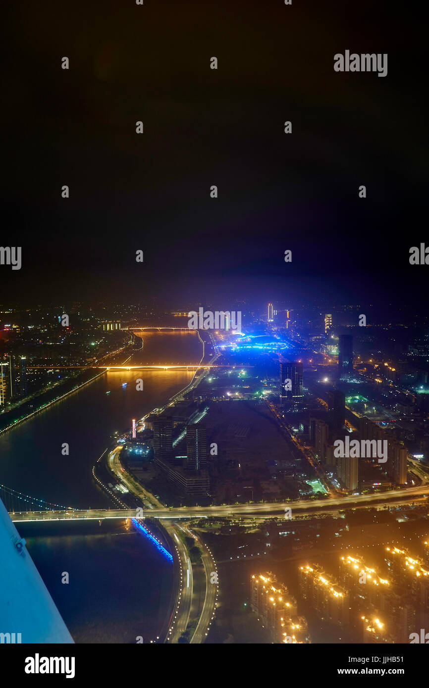 Night view from 600 m Canton Tower to the Pearl River, with bridges and lights Stock Photo