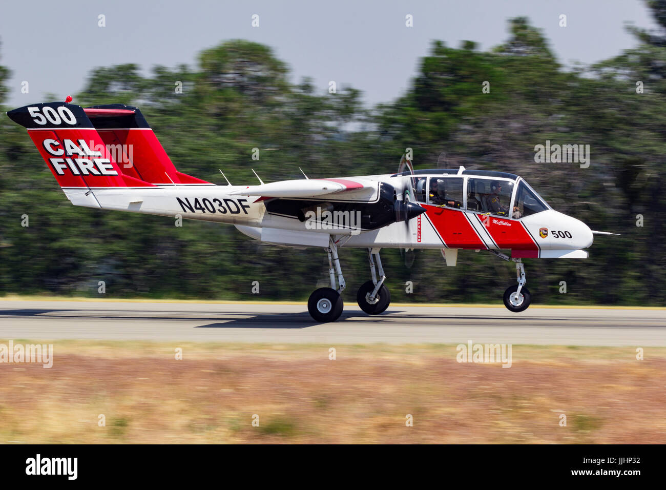 Mclellan based California Department of Forestry and Fire Protection OV-10 Bronco lands at the Grass Valley Air Attack Base. CalFire utilizes the Nort Stock Photo