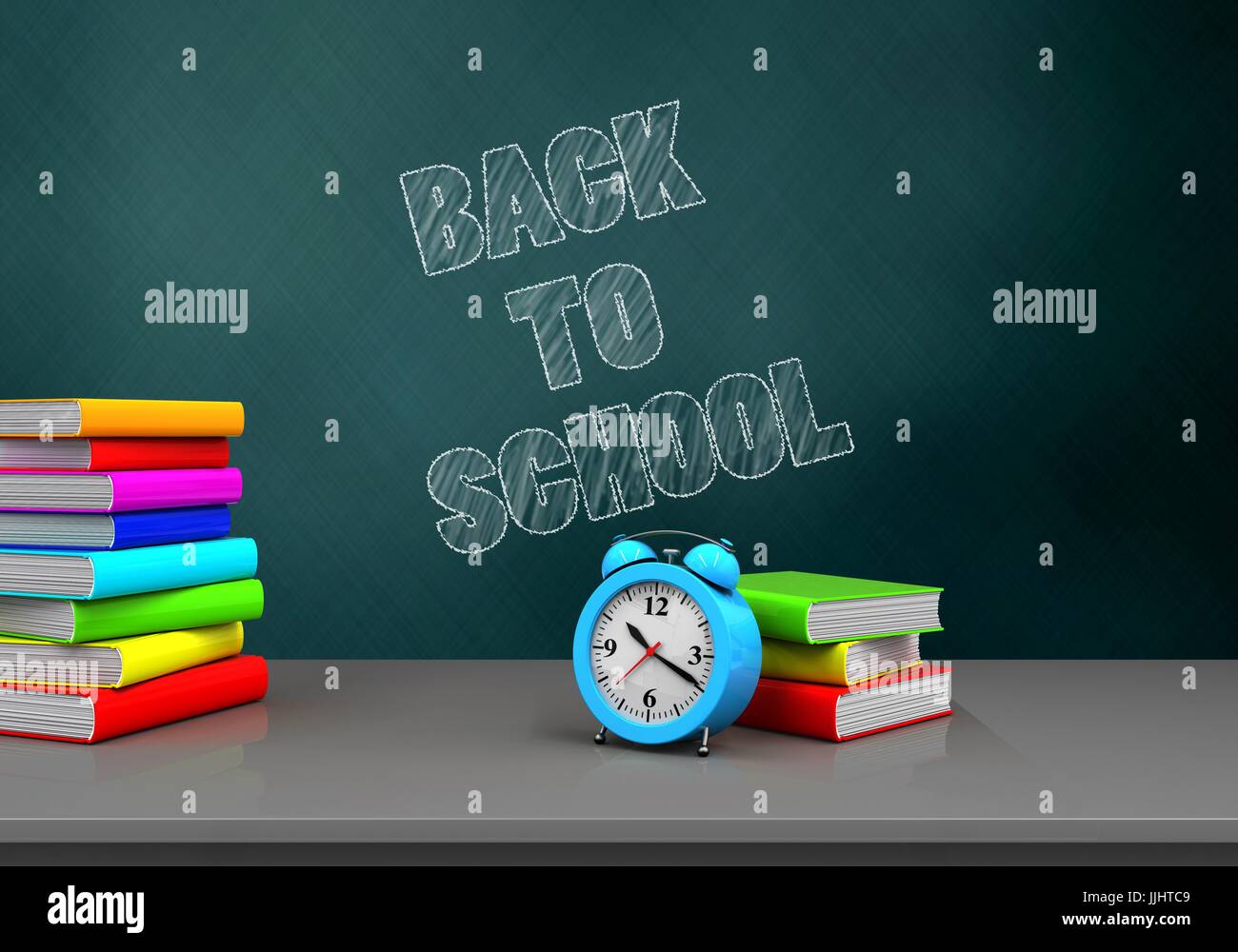 3d illustration of schoolboard with back to school text and alarm clock ...