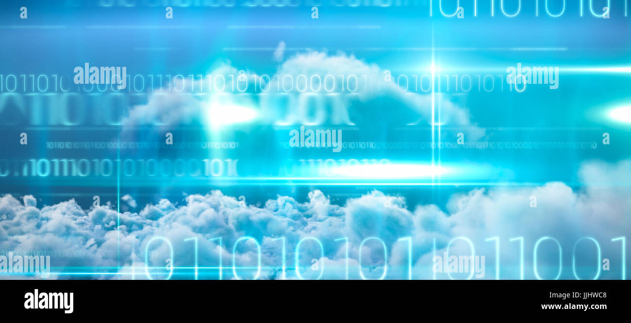 Blue technology design with binary code against close up of clouds ...