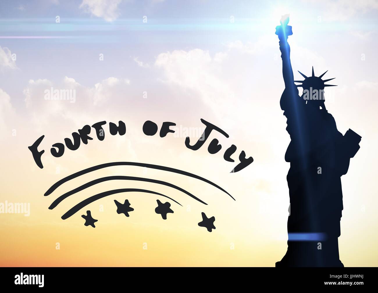 Grey fourth of July graphic against evening sky with statue of liberty Stock Photo